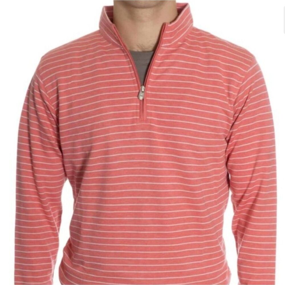 Peter Millar Coral and White Striped Zip-Up Sweater - Men Crown Halifax Pink Str